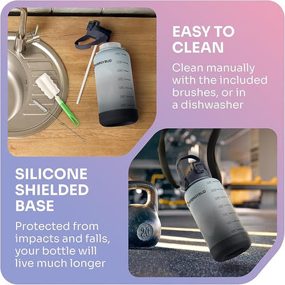 1 Gallon Water Bottle With Straw Dishwasher-Safe BPS & BPA Free, 2 Cleaning Brush Motivational 128oz Water Jug with Time Markers, Wide-Mouth Tritan, Gym & Exercise Equipment(Clear & Black)