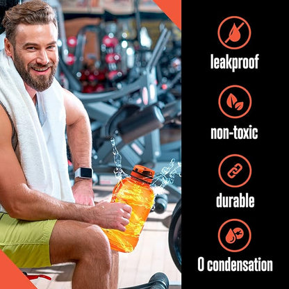 SQUATZ 78 Oz Poseidon Series Sports Water Bottle - Premium Quality Big Volume Wide Mouth protein Shake Gym Flask, Fixed Buckle Carrying Strap, Leak Resistance, Zero Condensation Sleeve,Orange