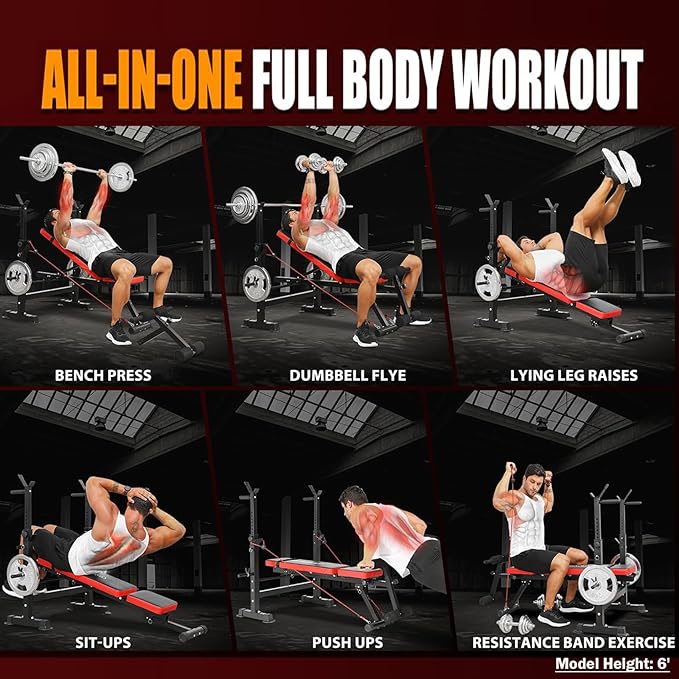 OPPSDECOR 600LBS 6 in 1 Weight Bench Set, Adjustable Bench Press Set and Squat Rack, Foldable Workout Benches for Home Gym, Incline Decline Flat Sit Up Strength Training Bench