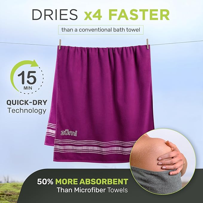 Zumi 100% Cotton Quick Dry Large Travel Towel - Soft, Thin, Compact, Highly Absorbent, Lightweight Camping Towel for Beach, Gym, Bath, Shower, Swimming, Pool, Dorm, RV - Purple