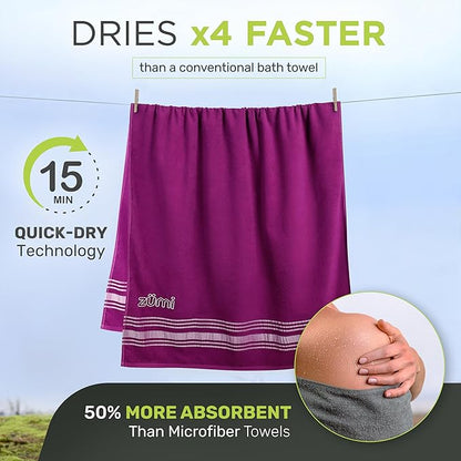 Zumi 100% Cotton Quick Dry Large Travel Towel - Soft, Thin, Compact, Highly Absorbent, Lightweight Camping Towel for Beach, Gym, Bath, Shower, Swimming, Pool, Dorm, RV - Purple