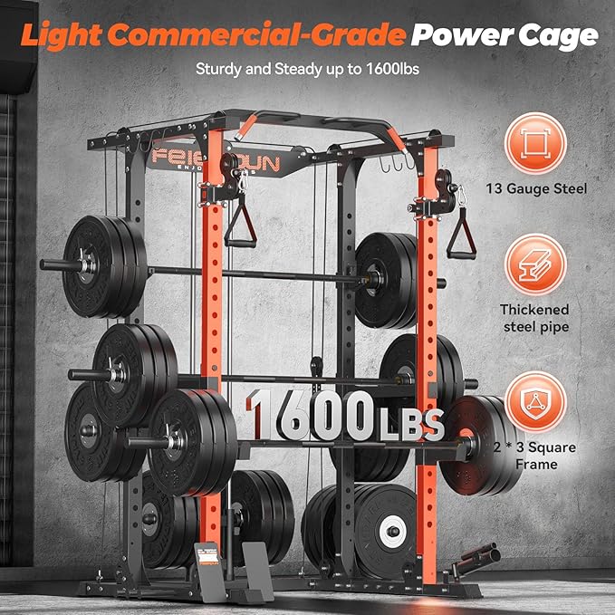 FEIERDUN FLA01 Power Cage Multi Function Squat Rack with Cable Crossover System,2000LBS Capacity with LAT Pulldown,10-in-1 Home Gym