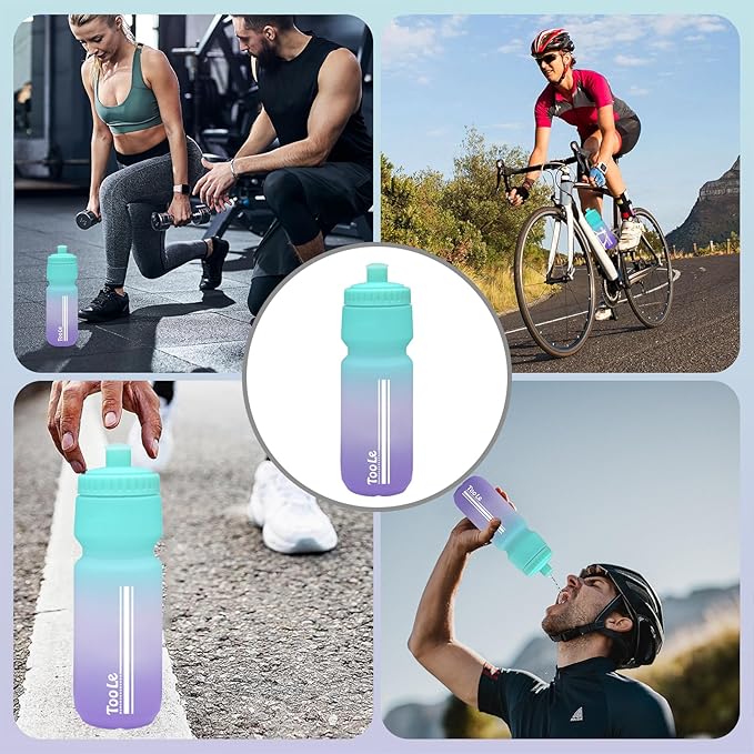 24oz Bike Water Bottle, Cycling Squeeze Water Bottle Leakproof BPA Free with Capacity Scale w/Pull Top Lid, Reusable, for Bicycle, Gym,Camping, Hiking