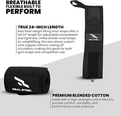 Real Steel Heavy-Duty Wrist Wraps for Weightlifting Men & Women - 24" Gym Wraps with Thumb Loop - Wrist Straps for Weightlifting Support, Powerlifting, and Strength Training - Workout Support Braces