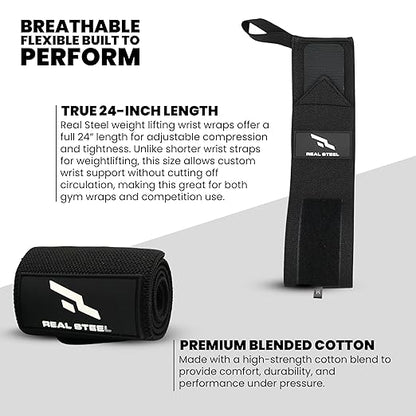 Real Steel Premium Wrist Wraps for Weightlifting for Men & Women - 24" Gym Wrist Wraps with Thumb Loop | Weight lifting accessories for Gym, Pain Relief Support and Training | Support Braces |1 Pair
