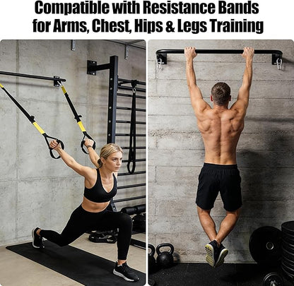 Heavy Duty Wall Mounted Pull Up Bar with 8mm Thick Steel Plates & Heavy-Duty Carabiner, Strength Training Bar for Home Gym, Garage and Indoor Workout