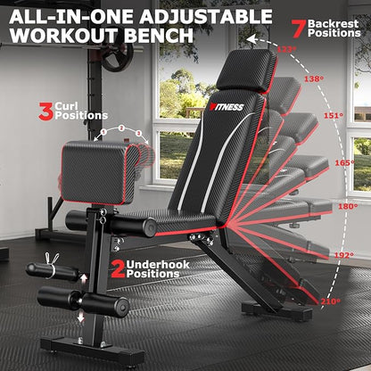 Foldable Workout Bench, Adjustable Weight Bench for Home Gym with Leg Extension, Preacher Pad, Extended Headrest, Collapsible Bench Press Full Body Workout Strength Training Banco de Pesas