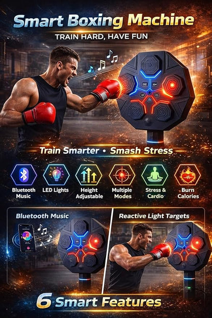 Music Boxing Machine for Adults, Bluetooth Wall Mounted Punching Machine, Interactive Boxing Trainer with LED Targets, Pro Boxing Gloves & Reflex Ball Headband, Home Gym Cardio Workout Training