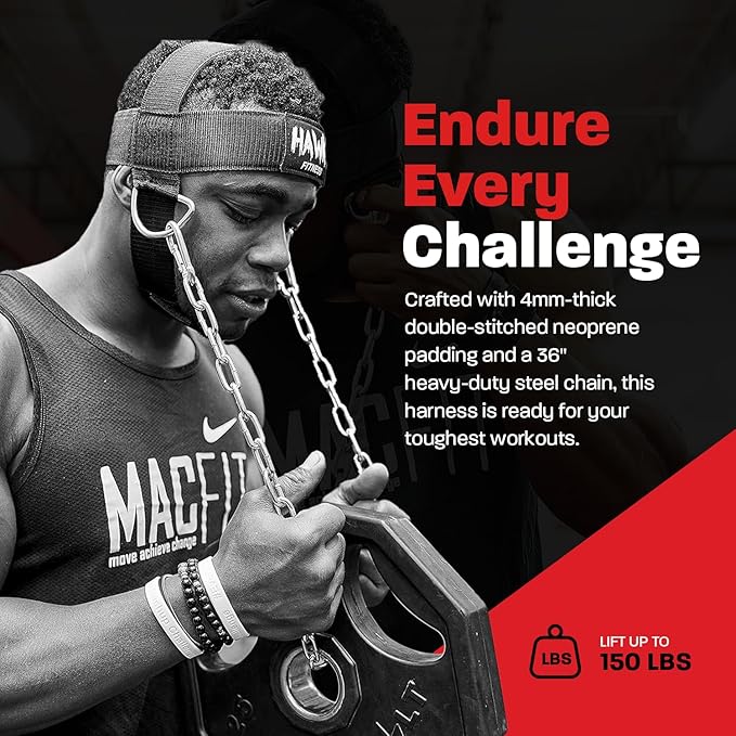 Hawk Sports Neck Harness for Men and Women with Adjustable Neck Strap and 30" Steel Chain for Safely Lifting Weights Up to 150 lbs., Neck Exercise Equipment for Muscle Growth and Strength Training