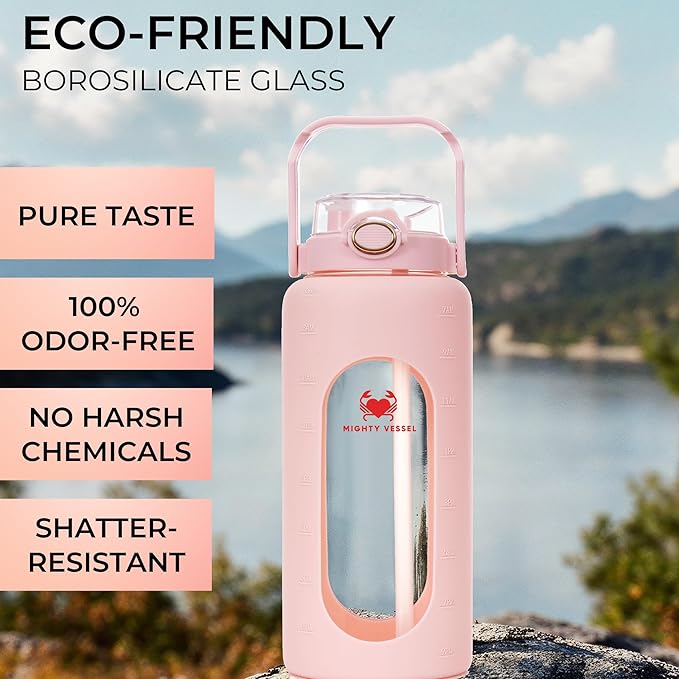 64 Oz Water Bottle with Time Marker & Straw - Pink Pregnancy 2 Liter Glass Water Bottles with Measurements - Daily intake bottle - Leakproof Borosilicate jug