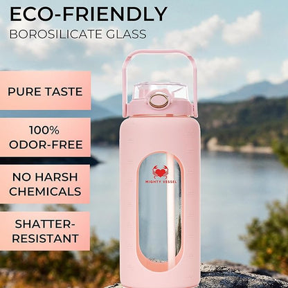 64 Oz Water Bottle with Time Marker & Straw - Pink Pregnancy 2 Liter Glass Water Bottles with Measurements - Daily intake bottle - Leakproof Borosilicate jug