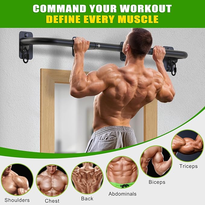 SELEWARE Heavy Duty Wall Mount Pull Up Bar, Joist Mount Chin Up Bar for Doorway, Sturdy Steel Construction, w/Resistance Band Hooks, Fits 32"/36" Wall Studs for Home Gym Strength Training