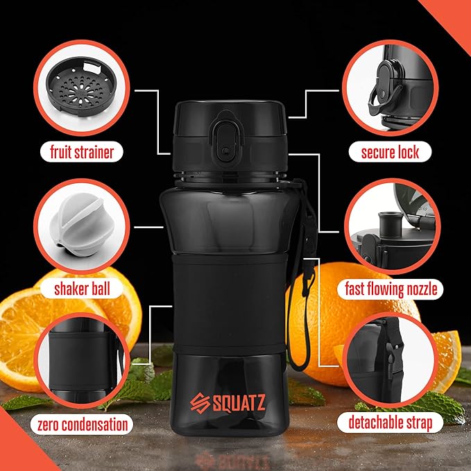 SQUATZ 17 Oz Poseidon Series Water Bottle for Protein and Fruit Shakes - Premium Quality Wide Mouth Gym Flask Fruit Infuser Strainer, Carrying Strap, Leak Resistance, No Condensation Sleeve, Black
