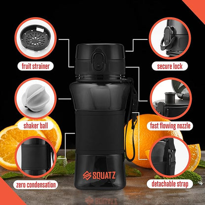 SQUATZ 17 Oz Poseidon Series Water Bottle for Protein and Fruit Shakes - Premium Quality Wide Mouth Gym Flask Fruit Infuser Strainer, Carrying Strap, Leak Resistance, No Condensation Sleeve, Black
