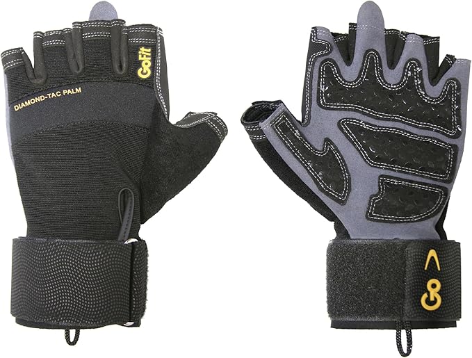 GoFit Diamond Tac Wrist Wrap Workout Gloves for Weightlifting Training Fitness Gym Gloves with Padded Wrist Support Flexible Neoprene Knuckle Panel Reinforced Grip Palm Pull Tab Fingers with CD
