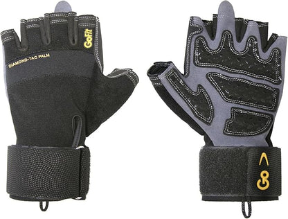GoFit Diamond Tac Wrist Wrap Workout Gloves for Weightlifting Training Fitness Gym Gloves with Padded Wrist Support Flexible Neoprene Knuckle Panel Reinforced Grip Palm Pull Tab Fingers with CD
