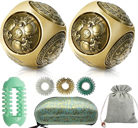1.45in Baoding Balls Set Chinese Hand Massage Exercise Balls, Metal Stress Balls Six-Sided Rotation for Hands Therapy, Exercise, and Stress Relief