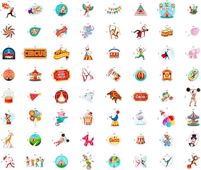 100Pcs Circus Stickers for Water Bottle, Laptops, for Scrapbooking - Сircus Theme Party Decor & Favors - Carnival, Clown Stickers - Gift for Women & Men