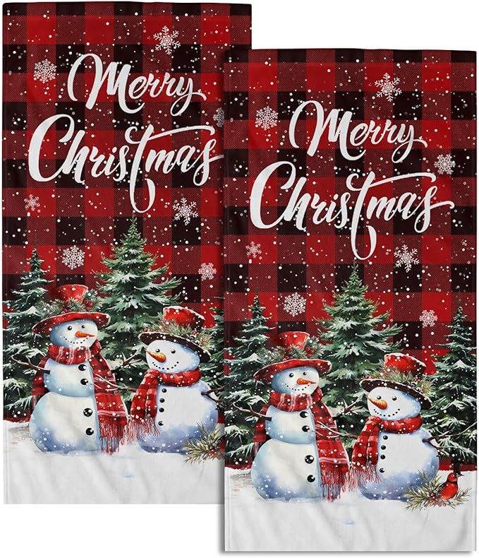 Xmas Snowman Small Bathroom Towels Set Merry Christma Black Red Buffalo Plaid Hand Towels Winter Trees Holiday Kitchen Dish Towels Absorbent Fingertip Towel for Hotel Beach Gym Spa 28x14 inch
