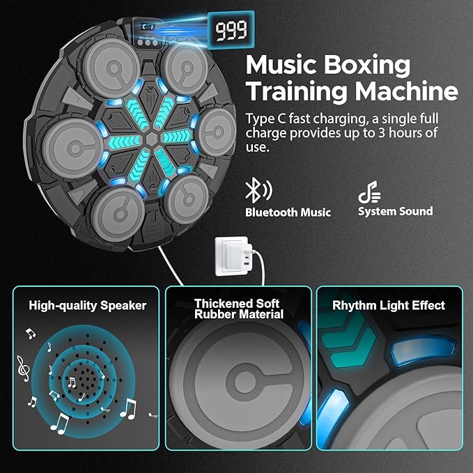 Music Punching Machine for Kids Adults,Bluetooth Wall Mounted Boxing Trainer with Gloves,Rhythm Lights,2 Player Battle Mode,Reaction Training Pad,Home Gym Sport Toys Gifts for Boys Girls Teens 3-12+