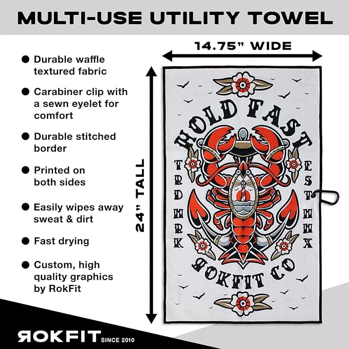 RokFit Gym & Golf Towel – Multi-Use, Quick-Dry, Durable Utility Towel with Bold Graphic and Carabiner Clip (Hold Fast)