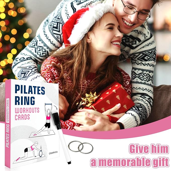 Pilates Ring Workouts for Women-58 Exercise Cards with Pilates Mat Workout Postures，ncludes 4-Week Challenge,2 Rings& Dry-Erase for Easy Organization-Home, Gym or Studio