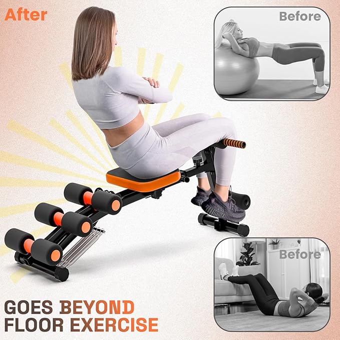 Ab Workout Bench, Adjustable Ab Crunch Machine for Home Gym - Multi-Functional Foldable Sit Up Bench with Preacher Curl Pad & Resistance Bands, Heavy-Duty Exercise Equipment for Arm/Back