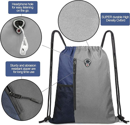 BeeGreen Grey Drawstring Backpack Sports Gym Bag For Women Men Large Draw String Bags Pack With Zipper and Water Bottle Mesh Pockets Workout Bag