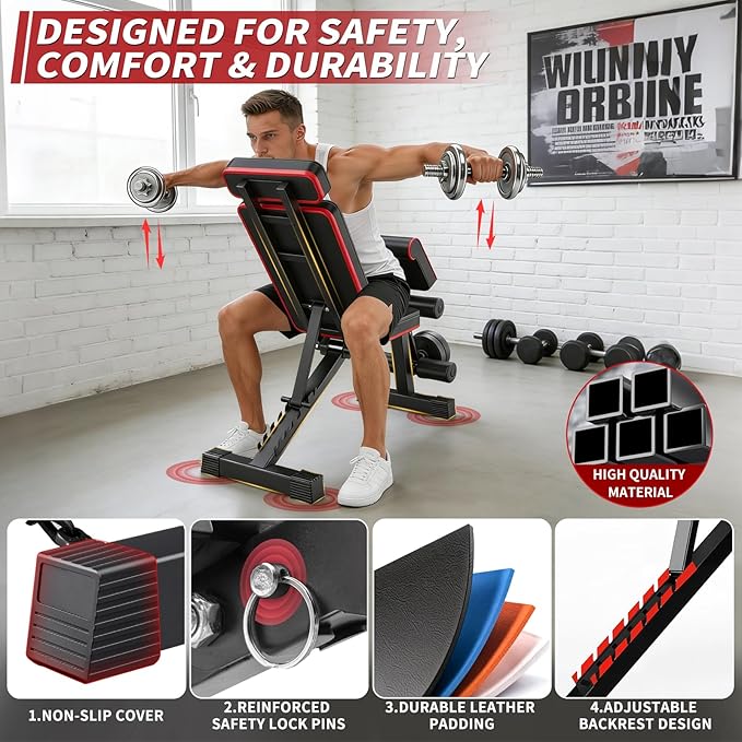 Adjustable Weight Bench, Foldable Workout Bench Press, Weight Benches for Home Gym, Workout Equipment for Full Body Exercise