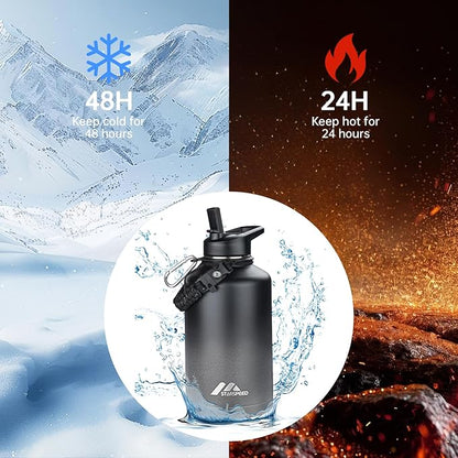 StarSpeed 64oz Insulated Water Bottle with Straws & 2 Lids, Half Gallon Stainless Steel Double Walled Vacuum Water Jug, Large Wide Mouth with Paracord Handle for Gym Camping Hiking, Dark Gray