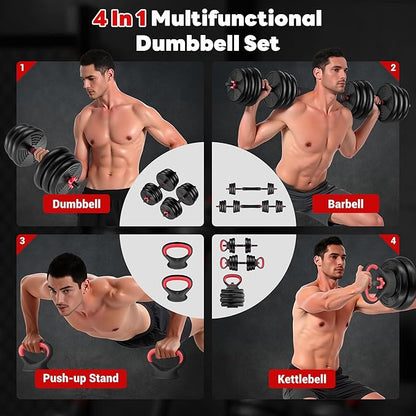 Adjustable Dumbbells, 55/77LBS Free Weight Set, 4 in 1 Dumbbell Set Used as Barbell, Kellebell, Push Up Stand, Fitness Exercise for Home Gym Suitable Men/Women