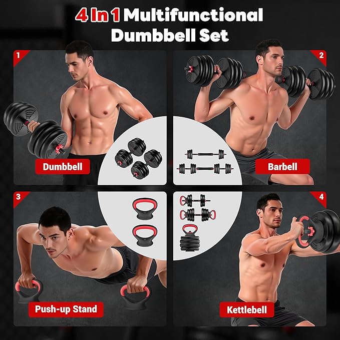 Adjustable Dumbbells, 55/77LBS Free Weight Set, 4 in 1 Dumbbell Set Used as Barbell, Kellebell, Push Up Stand, Fitness Exercise for Home Gym Suitable Men/Women