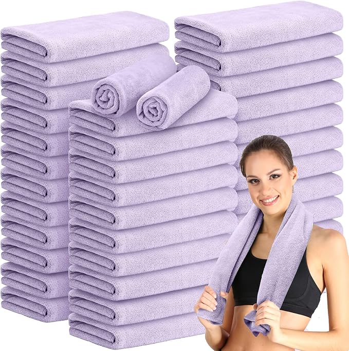 36 Pcs Microfiber Gym Towel 16 x 28 in Bleach Proof Towels Absorbent Soft Sweat Towels Quick Dry Lightweight Towel for Hand Salon Bath Spa Hotel Pool Home Hair Care (Light Purple)