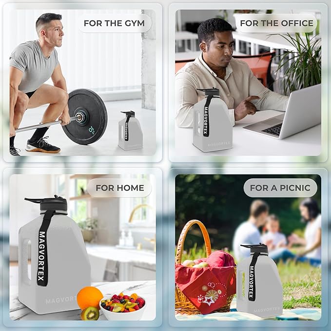 91oz Gym Daily Water Bottle Grey – Large BPA-Free PETG Jug with Magnetic Plate Phone Mount, Leakproof Flip-Top Lid, Wide Mouth for Ice, Straw, Carry Strap, Stable Base, Time Marker