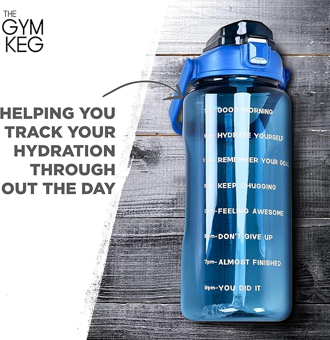 Gym Keg Plastic Water Bottles - 74 oz Bottle Jug with Sleeve & Phone Holder - BPA-free - Sweat & Leak Proof - Water Bottle with Straw and Handle for Workouts, Jogging, Travel, Gym - Blue