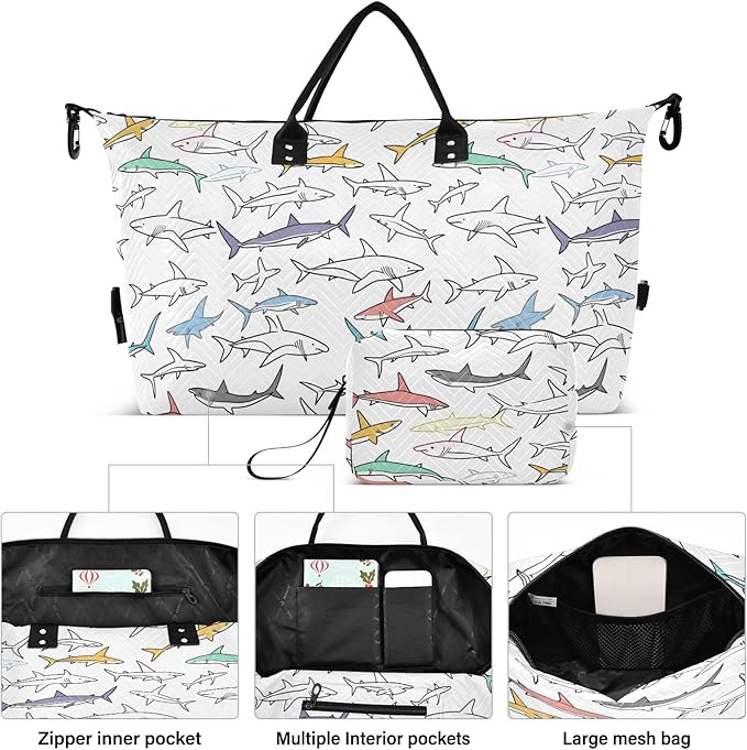 Weekender Bags Travel Duffel Gym Bag Carry on Overnight Tote Bag with Toiletry Bag for Airplane Travel Trip Gym Yoga (Drawing Sharks 2)