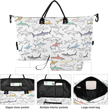 Weekender Bags Travel Duffel Gym Bag Carry on Overnight Tote Bag with Toiletry Bag for Airplane Travel Trip Gym Yoga (Drawing Sharks 2)