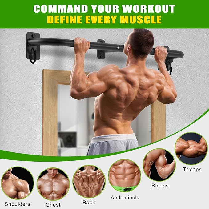 SELEWARE Heavy Duty Wall Mount Pull Up Bar, Joist Mount Chin Up Bar for Doorway, Sturdy Steel Construction, w/Resistance Band Hooks, Fits 32"/36" Wall Studs for Home Gym Strength Training