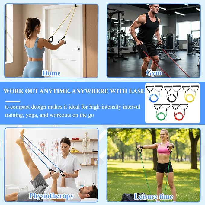 10 Pcs Exercise Resistance Bands with Handles, Exercise Stretch Bands, Physical Resistance Tube Workout Band with Door Anchor for Women Men Muscle Toning Strength Training Physical Therapy Work
