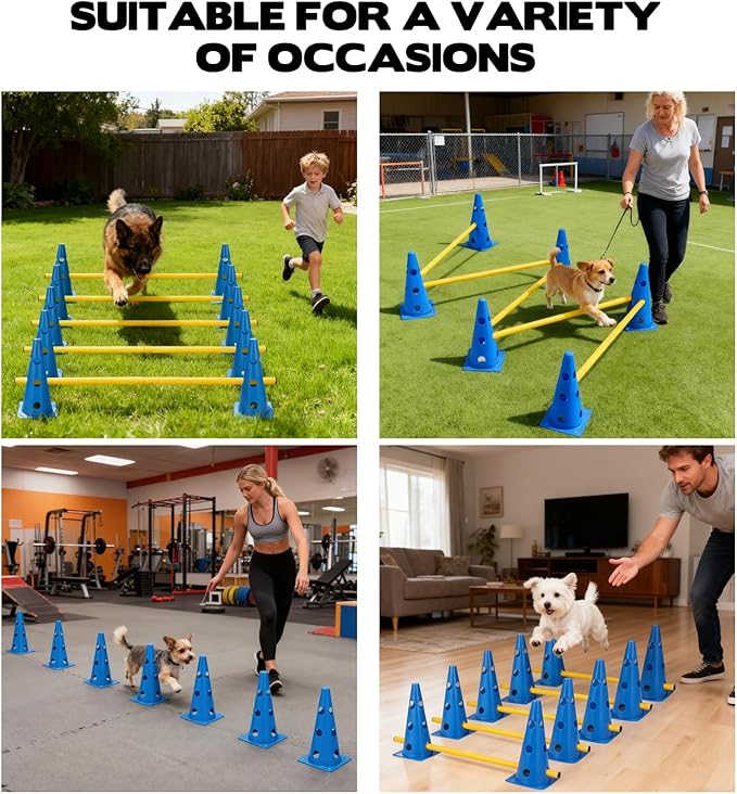 Dog Agility Hurdle Cone Set, 10er 12.5Inch Agility Cones and 5er 31.5Inch Agility Rods, Height Adjustable Crossbar for Dog Obstacle Course Rehabilitation & Beginners
