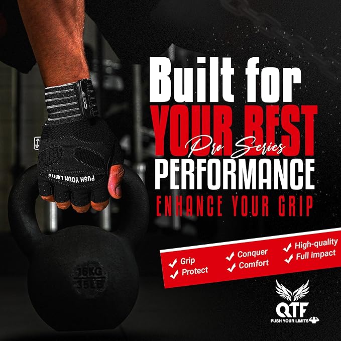 QTF Weight Lifting Gym Workout Gloves with Long Wrist Strap, Fingerless Gym Gloves for Men & Women, Full Palm Protection, for Weightlifting, Training, Fitness, Hanging