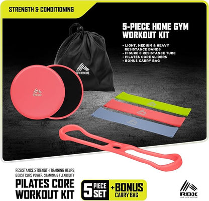 RBX 5 Piece Home Gym Workout Kit - Light, Medium, Heavy Resistance Bands, Figure 8 Resistance Tube, Pilates Core Sliders & Carry Bag