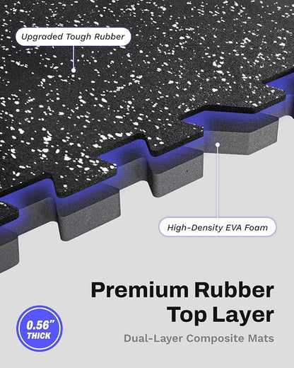 AIRHOP 0.56in Thick 24 Sq Ft Exercise Equipment Mats, 6 Tiles Upgraded Rubber Top with High Density EVA Foam, Large Interlocking Puzzle Gym Flooring for Home Gym, Heavy Weight Workout, 24 x 24in