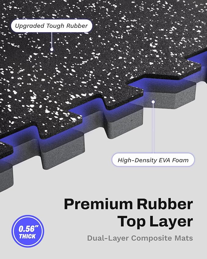 AIRHOP 0.56in Thick 144 Sq Ft Exercise Equipment Mats, 36 Tiles Upgraded Rubber Top with High Density EVA Foam, Large Interlocking Puzzle Gym Flooring for Home Gym, Heavy Weight Workout, 24 x 24in
