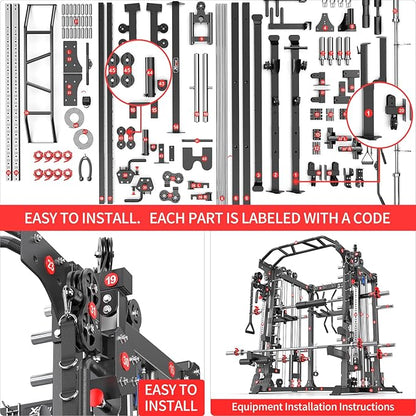 Multi-Purpose Squat Rack,Smith Machine Weight Rack Set with Cable Crossover System, Home Gym Power Racks, Power Racks and Packages