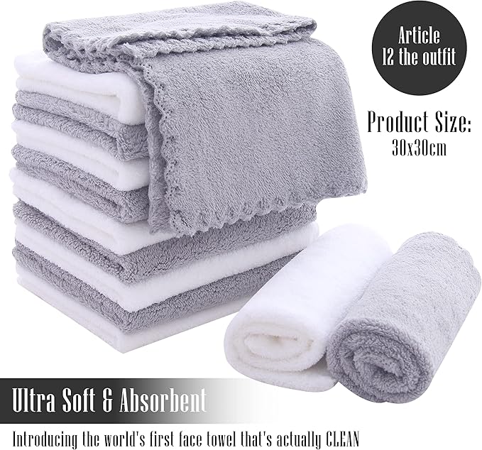 TENSTARS 12 Pack Premium Washcloths Set - Quick Drying- Soft Microfiber Coral Velvet Highly Absorbent Wash Clothes - Multipurpose Use as Bath, Spa, Facial, Fingertip Towel (Grey and White)