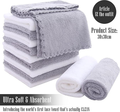 TENSTARS 12 Pack Premium Washcloths Set - Quick Drying- Soft Microfiber Coral Velvet Highly Absorbent Wash Clothes - Multipurpose Use as Bath, Spa, Facial, Fingertip Towel (Grey and White)