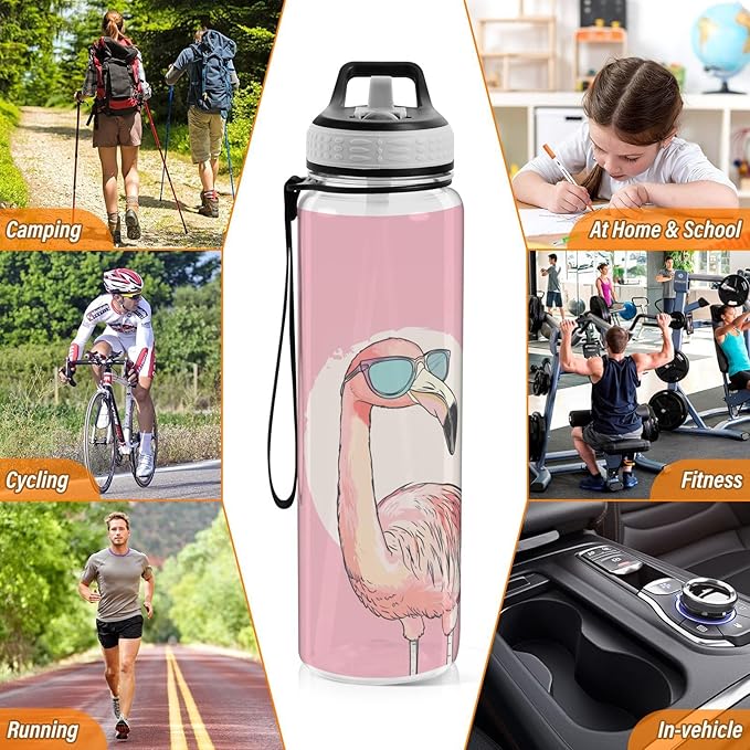 Fustylead Pink Flamingo Wearing Sunglasses 32 oz BPA-Free Water Bottle with Straw, Leak-Proof Sport Bottle for Fitness, Gym, Camping, Outdoor Sports