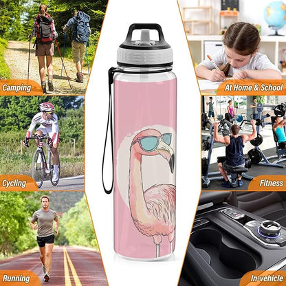 Fustylead Pink Flamingo Wearing Sunglasses 32 oz BPA-Free Water Bottle with Straw, Leak-Proof Sport Bottle for Fitness, Gym, Camping, Outdoor Sports