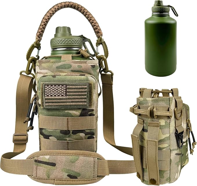 Half Gallon Water Bottle with Sleeve - 64 oz Insulated Water Jug with Handle Tactical Stainless Steel Sports Water Bottle with Strap for Gym Workout Hiking Camping Camo Pouch
